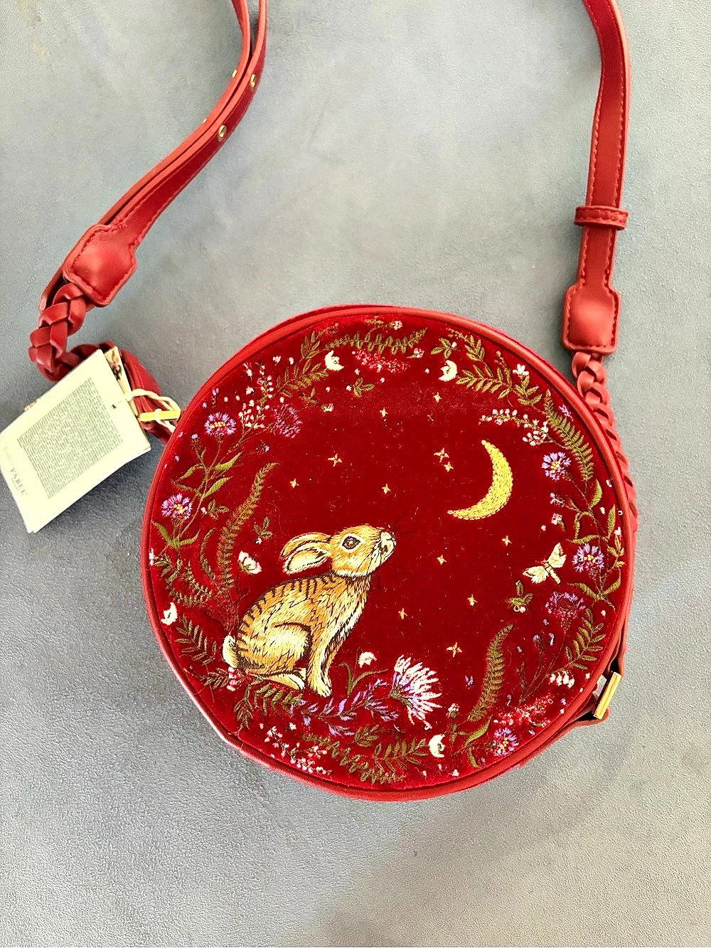 Fable England Star Gazing Rabbit Embroidered Circle Bag Red Crossbody